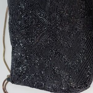 Imperial Fashion beaded purse black silky lining vintage snake chain formal eve